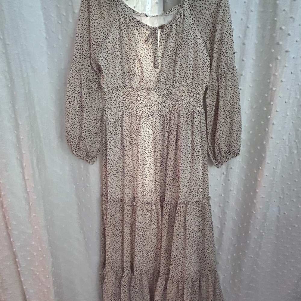 Baltic Born Tan Ruffled Tiered Long Sleeve Sundress- animal print